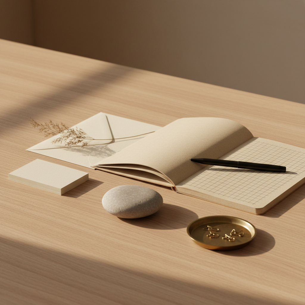 Editorial brand still life with a notebook, pen, business cards, and dried botanicals on a warm oak desk