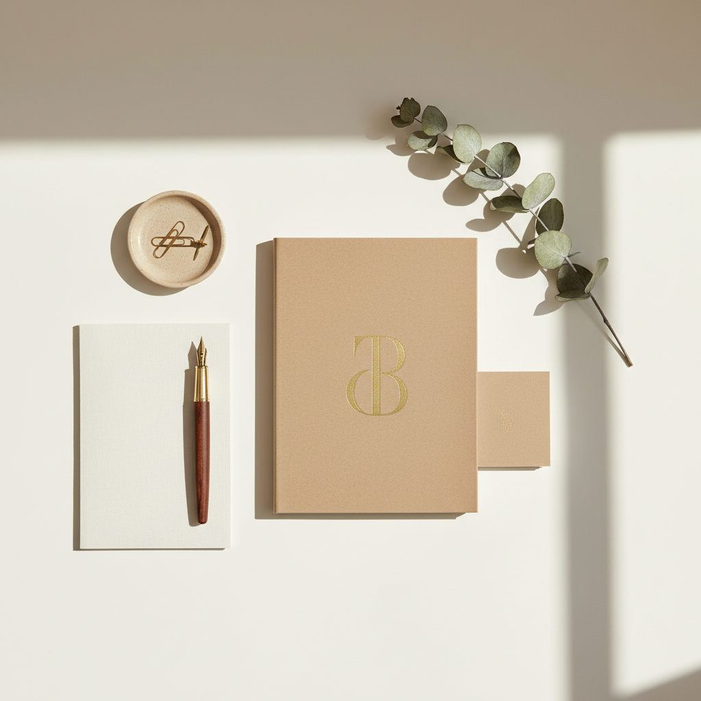 Curated brand identity items with notebook, pen, envelope, and botanicals on a warm cream surface